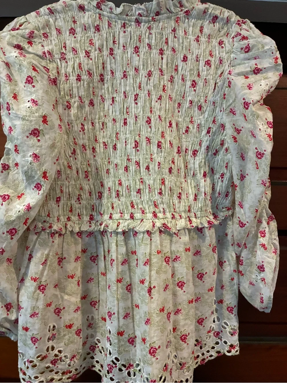 Anthropologie Floral Smocked Peplum Blouse Eyelet Puff Sleeve Top Medium